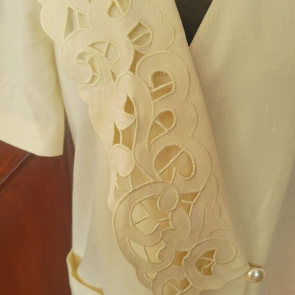 Kasper For A.S.L. Womens Yellow Short Sleeve Embroidered Dress With Pearl Button - Picture 2 of 7